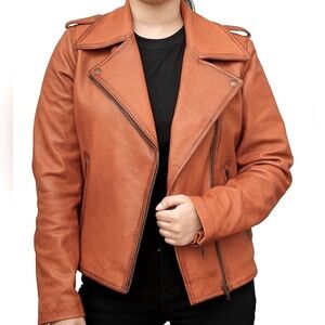J. Peterman Leather Moto Jacket Sz M Cognac 2 side pockets asymmetrical closure